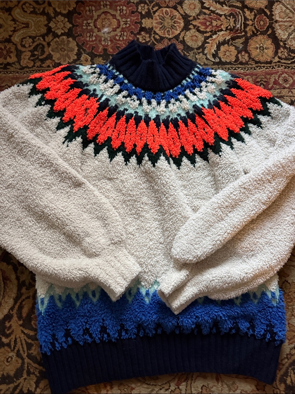 Anthropologie PILCRO Cream Cowl Sweater with Orange, Navy & Royal Blue Accents